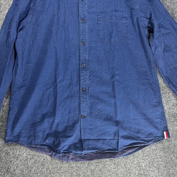 Tommy HIlfiger Shirt Mens Large Blue Dot Button Down Custom Fit Pocket Hem Logo - Picture 2 of 9